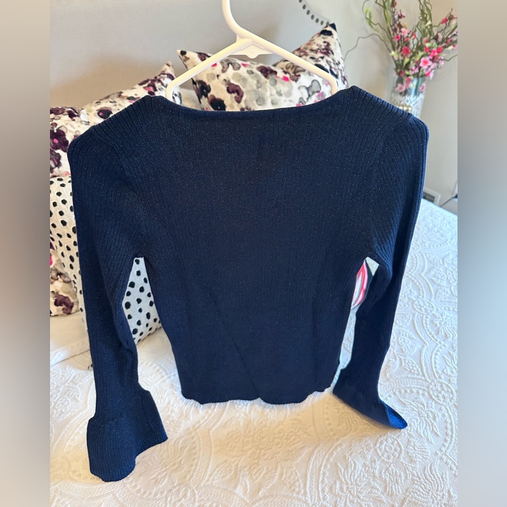 SALE!! NWT  Loft Shimmer Ribbed Sweetheart Neck Flare Cuff Sweater Navy Size S - Picture 5 of 7